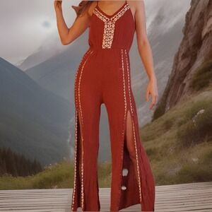 American‎ Rag Jumpsuit Rust brown Boho Embroidered Wide Leg Spaghetti Strap Size